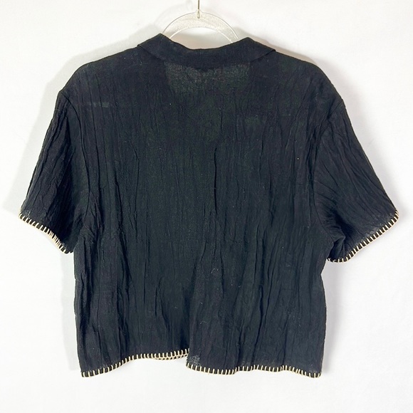 OUTFIT JPR |🖤 Black Button-Up Woven Cream Boho Style Trim Short-Sleeved Blouse - Picture 2 of 6